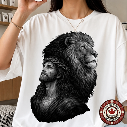 Lion of Judah and Jesus DTF transfer on a cream shirt mockup