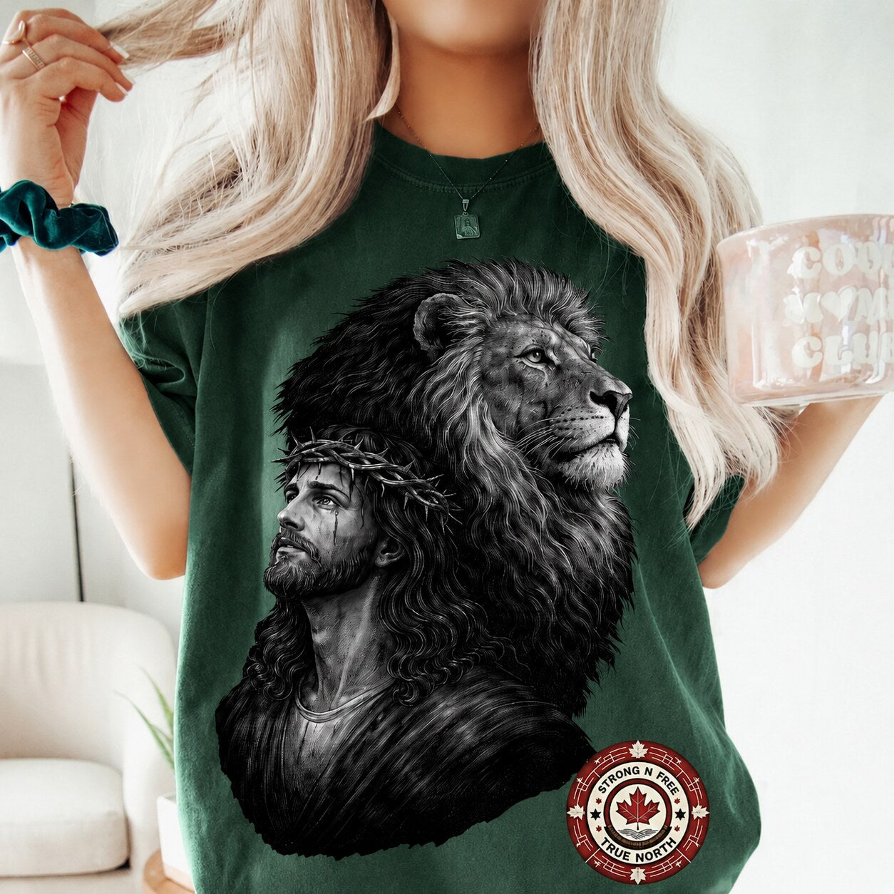 Lion and Jesus religious DTF transfer on a tote bag