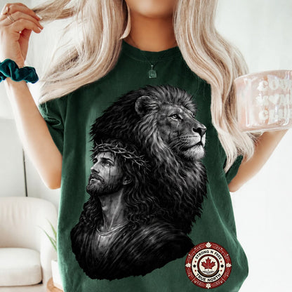 Lion and Jesus religious DTF transfer on a tote bag