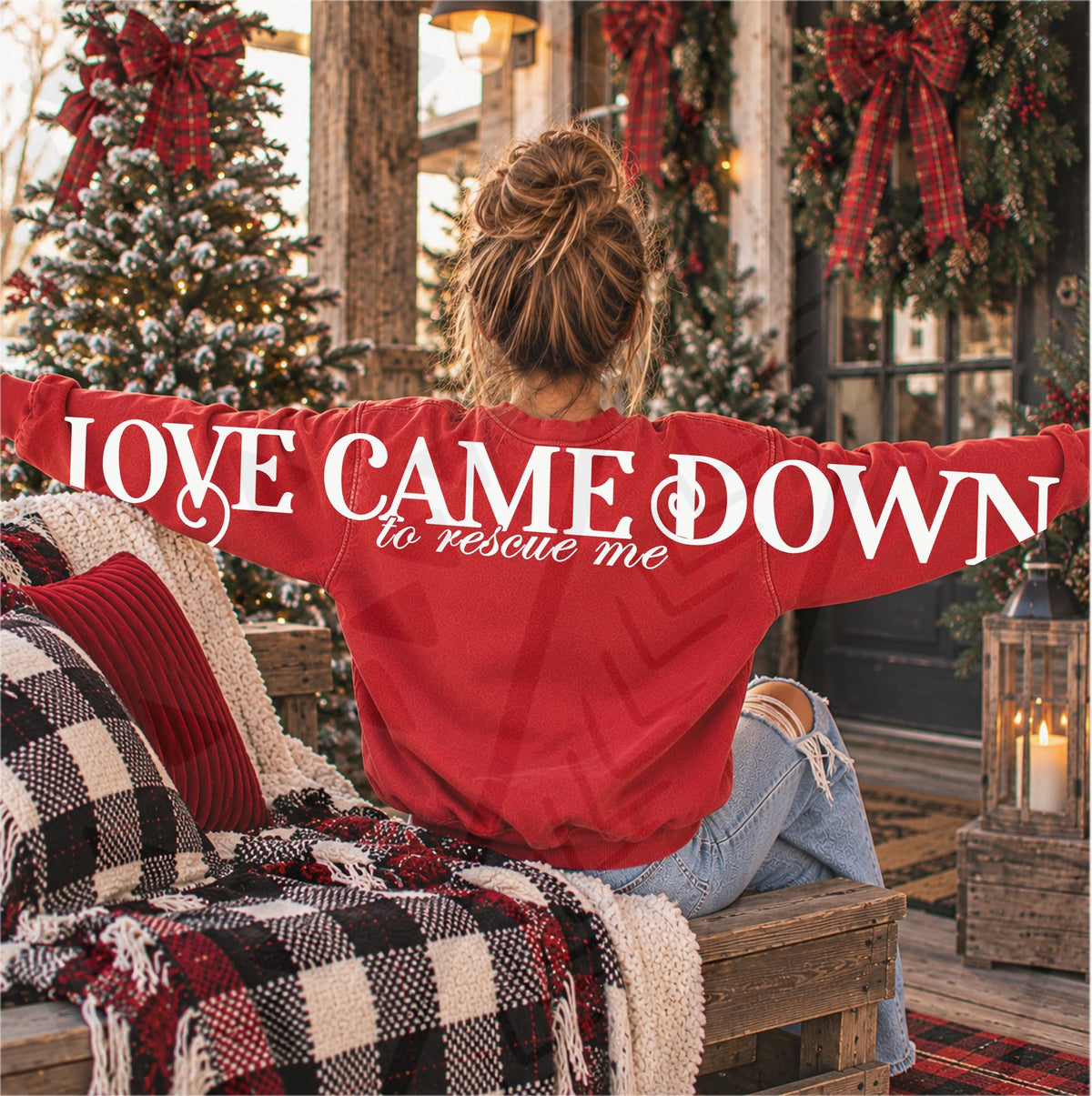 Love Came Down to Rescue Me white back and sleeve DTF transfer shown on a red sweatshirt