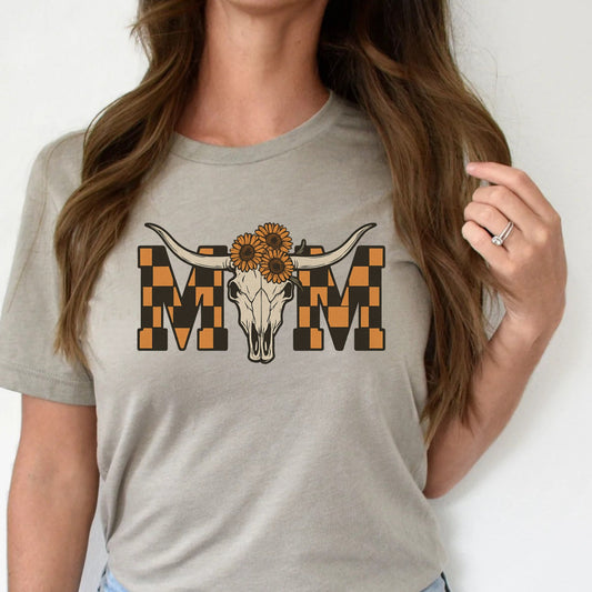 DTF Transfer Western Mom – Cow Skull with Sunflowers & Checkerboard Letters