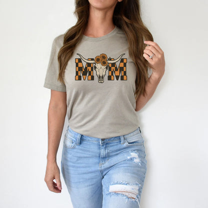 DTF Transfer Western Mom – Cow Skull with Sunflowers & Checkerboard Letters