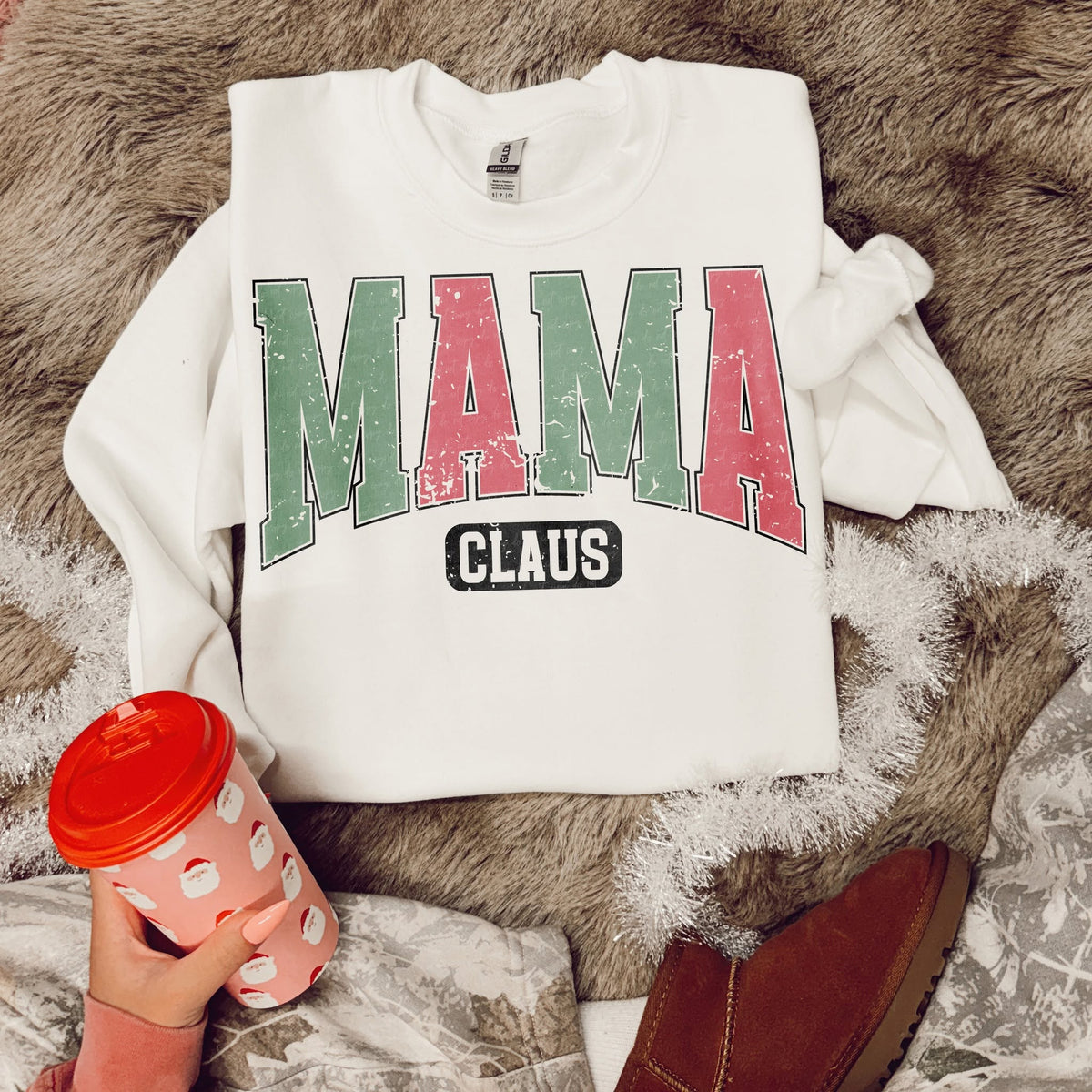 Mama Claus – Distressed Red and Green DTF transfer mockup; garment not included