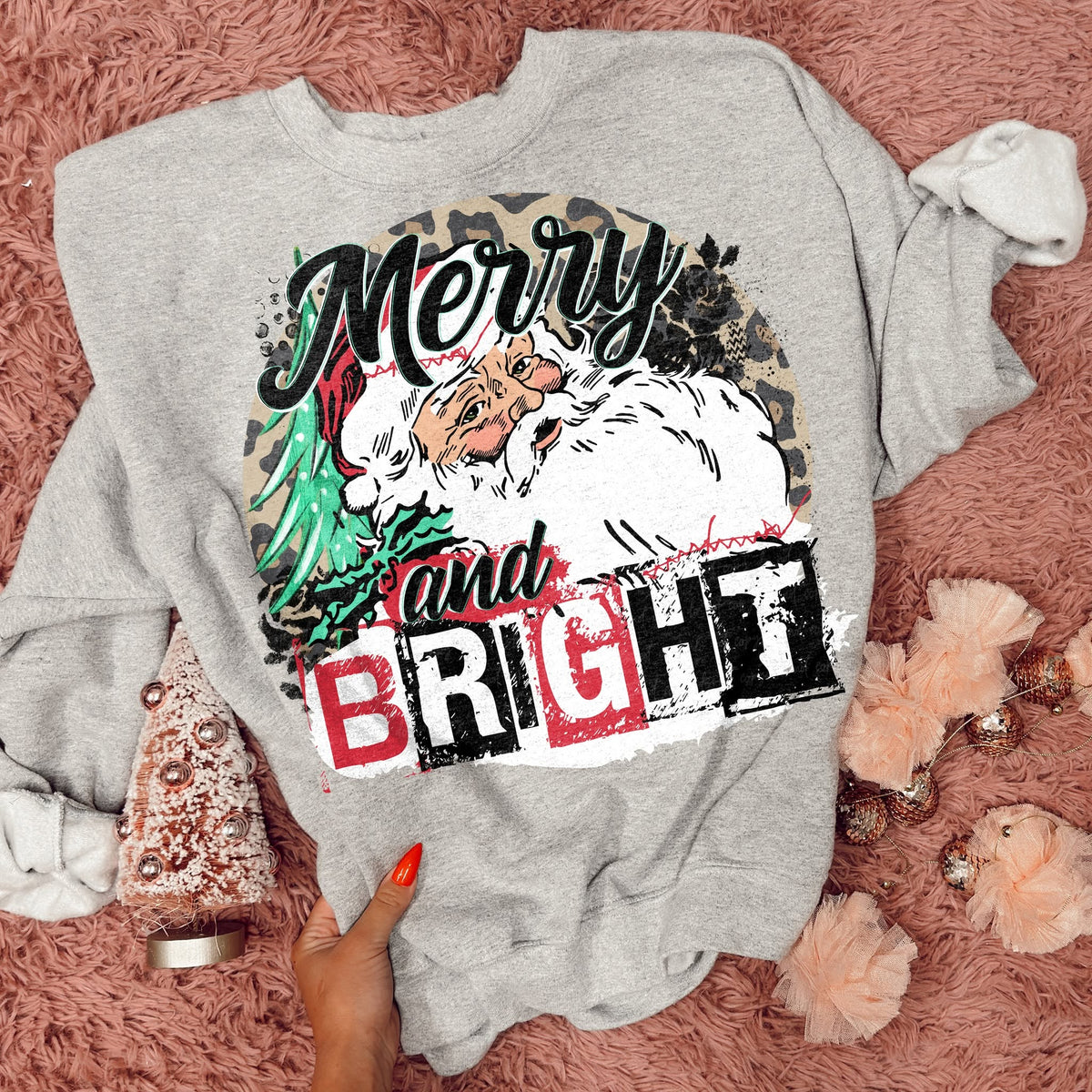 Merry and Bright – Vintage Santa Leopard Collage DTF transfer mockup; garment not included