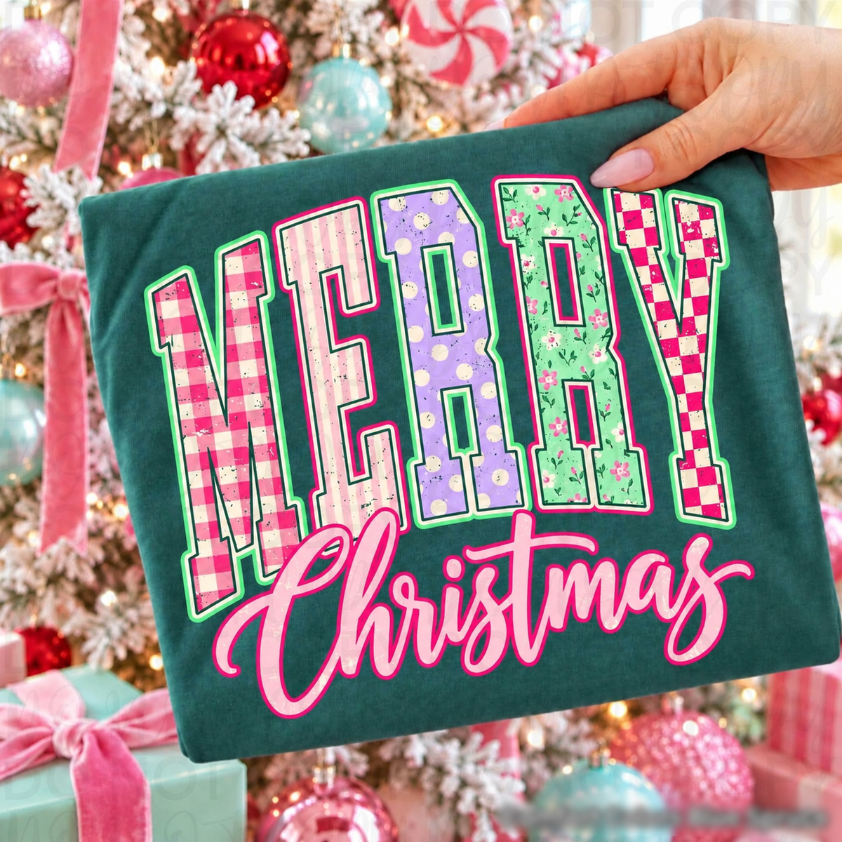 Merry Christmas Pastel Patchwork Letters printed garment design preview