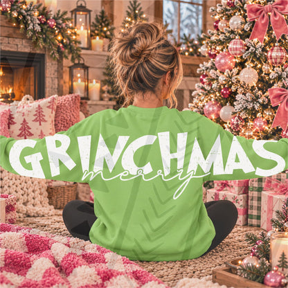 Merry Grinchmas DTF transfer, 5.5 inches tall by 45 inches long, shown on a green sweatshirt; garment not included
