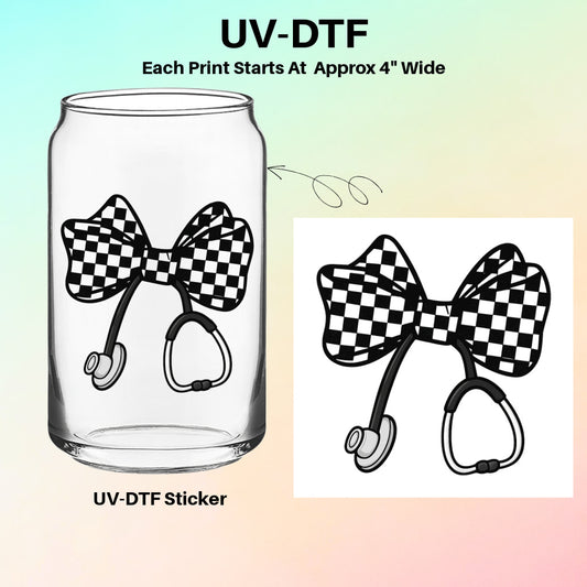 UV-DTF Stickers – Nurse Stethoscope with Checkered Bow Design