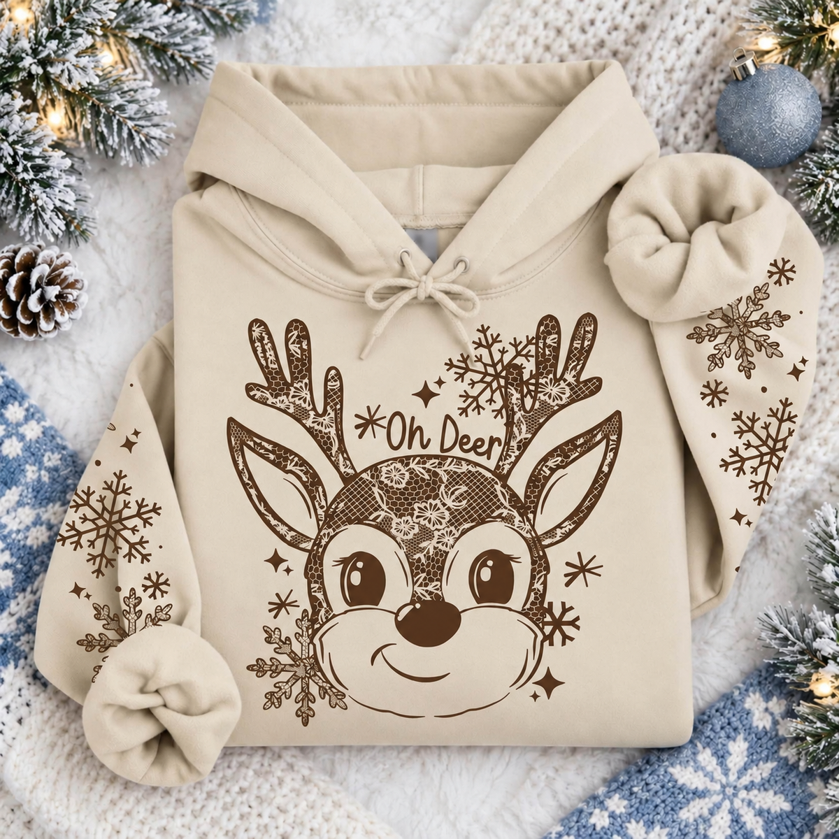 Oh Deer – Lace Reindeer and Snowflakes printed garment design preview