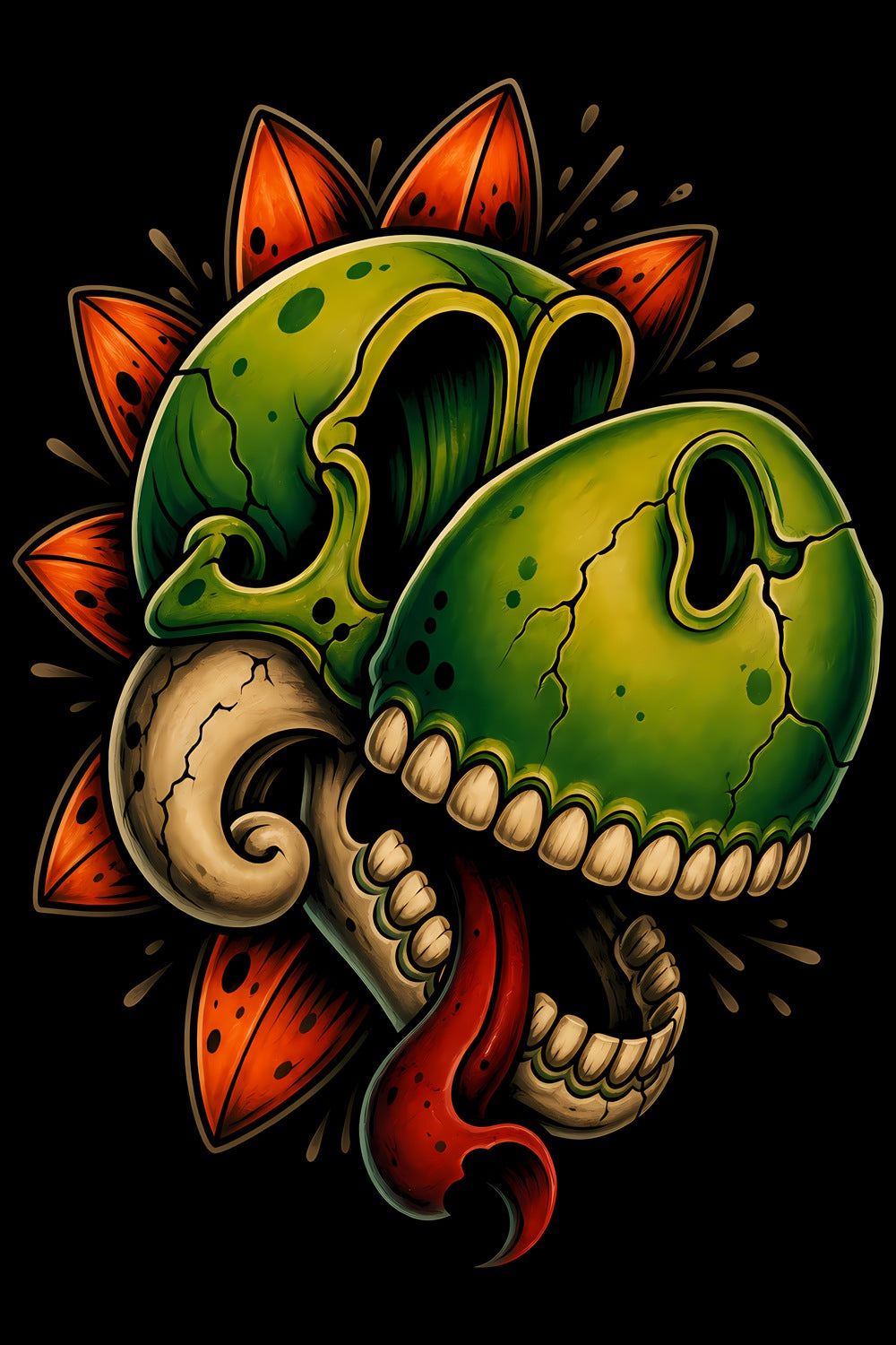 Green Dinosaur Skull old school tattoo halftone DTF transfer artwork