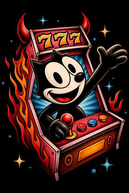 Lucky 777 Arcade Cat old school tattoo halftone DTF transfer artwork
