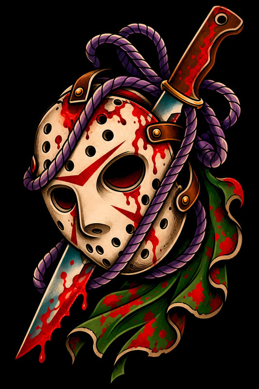 Hockey Mask and Knife old school tattoo halftone DTF transfer artwork