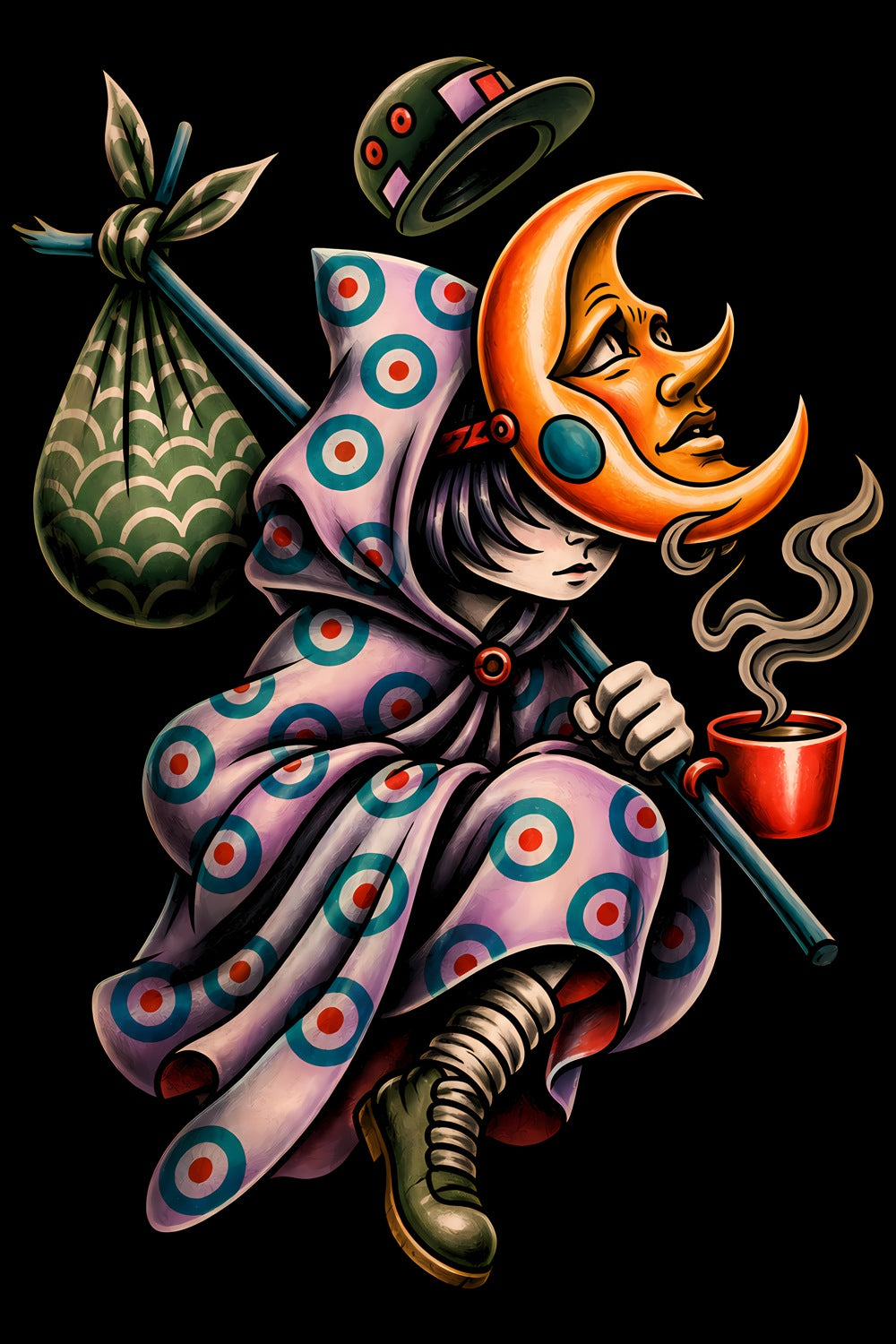 Moon Mask Wanderer old school tattoo halftone DTF transfer artwork