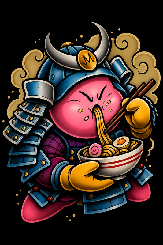 Pink Samurai Eating Ramen old school tattoo halftone DTF transfer artwork