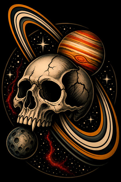 Cosmic Skull and Planets old school tattoo halftone DTF transfer artwork