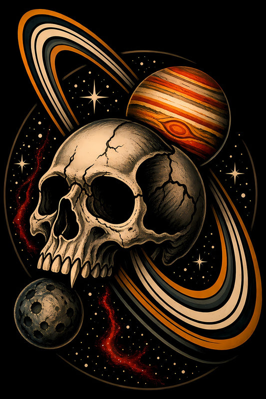 Cosmic Skull and Planets old school tattoo halftone DTF transfer artwork