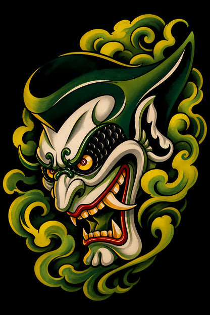Green Oni Mask old school tattoo halftone DTF transfer artwork