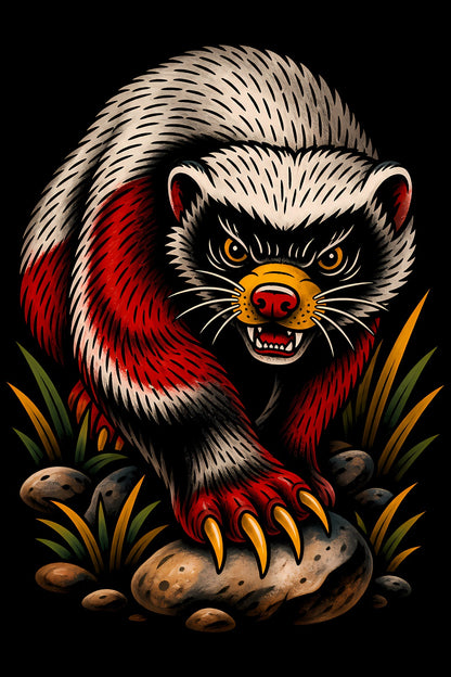 Fierce Honey Badger old school tattoo halftone DTF transfer artwork