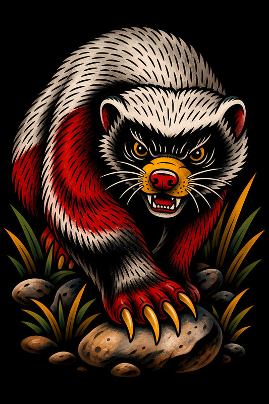 Fierce Honey Badger old school tattoo halftone DTF transfer artwork