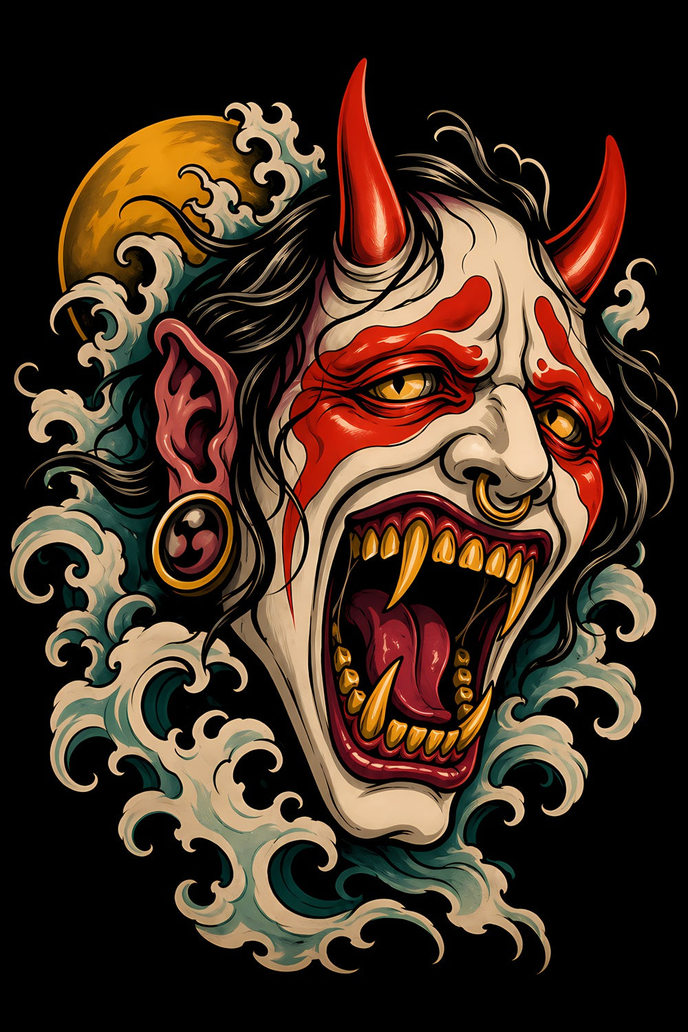 Horned Demon and Moon old school tattoo halftone DTF transfer artwork