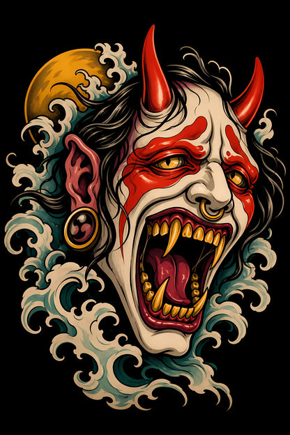 Horned Demon and Moon old school tattoo halftone DTF transfer artwork