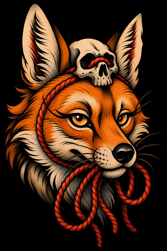 Fox with Skull Headpiece old school tattoo halftone DTF transfer artwork