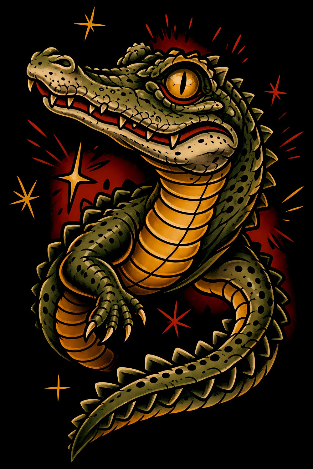 Snarling Crocodile old school tattoo halftone DTF transfer artwork