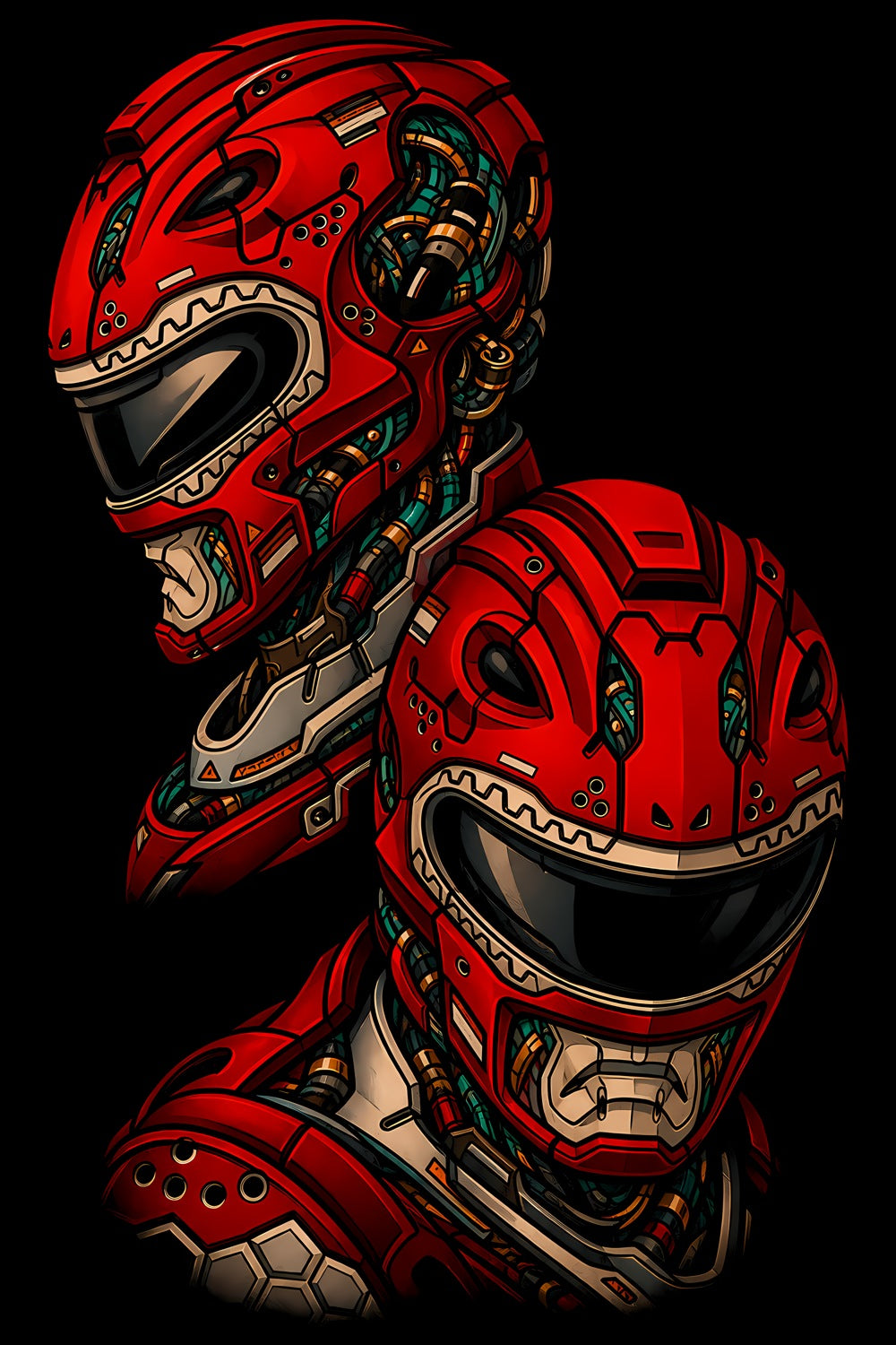 Red Cyborg Ranger Helmets old school tattoo halftone DTF transfer artwork