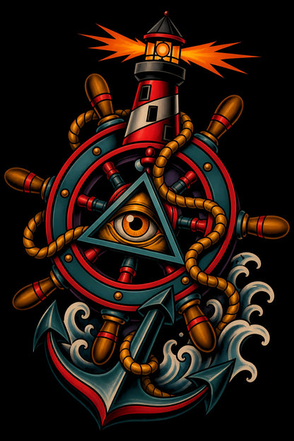 Lighthouse and Ship's Wheel old school tattoo halftone DTF transfer artwork