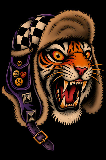 Tiger in a Checkered Helmet old school tattoo halftone DTF transfer artwork