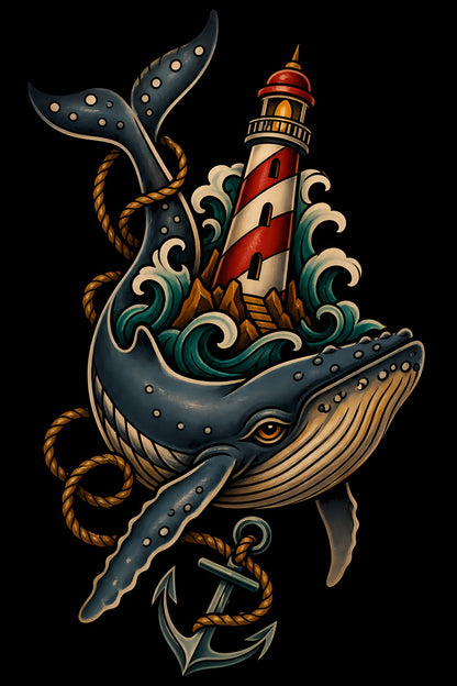 Whale and Lighthouse old school tattoo halftone DTF transfer artwork