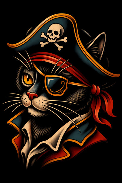 Pirate Cat old school tattoo halftone DTF transfer artwork