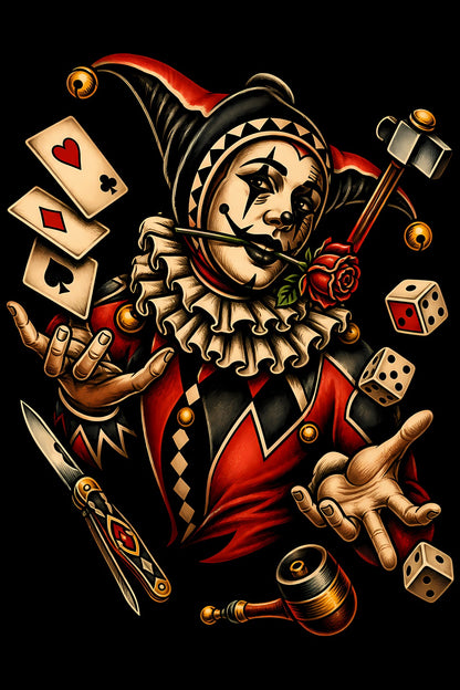 Jester with Cards and Dice old school tattoo halftone DTF transfer artwork