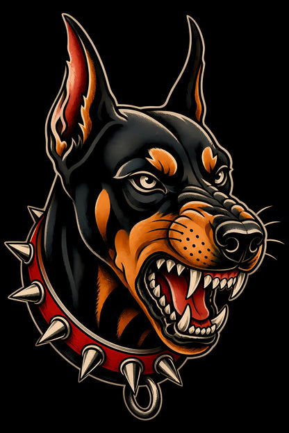 Snarling Doberman old school tattoo halftone DTF transfer artwork