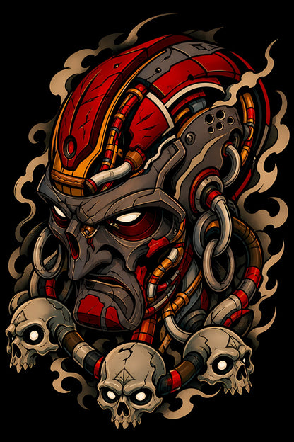Cyborg Warrior and Skulls old school tattoo halftone DTF transfer artwork