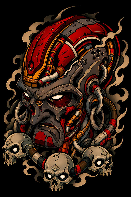 Cyborg Warrior and Skulls old school tattoo halftone DTF transfer artwork
