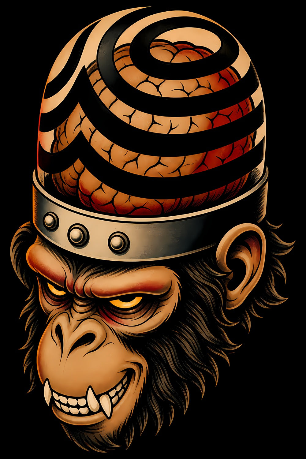 Monkey with Spiral Helmet old school tattoo halftone DTF transfer artwork