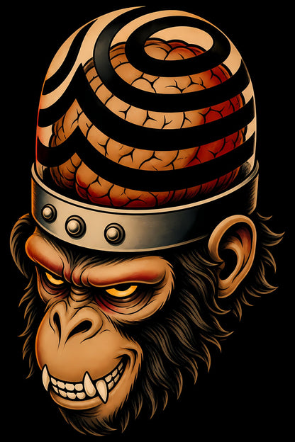 Monkey with Spiral Helmet old school tattoo halftone DTF transfer artwork