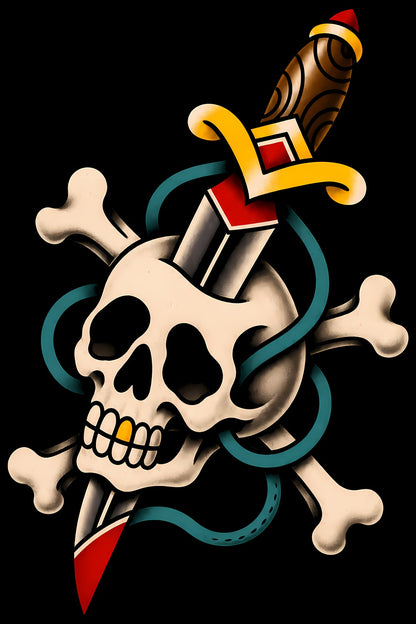 Skull and Crossbones Dagger old school tattoo halftone DTF transfer artwork