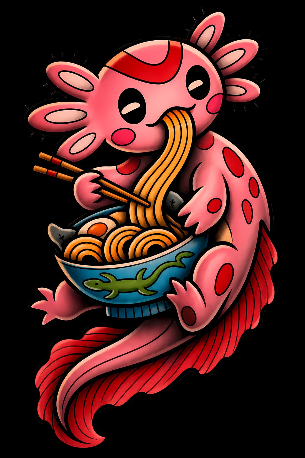 Axolotl Eating Ramen old school tattoo halftone DTF transfer artwork