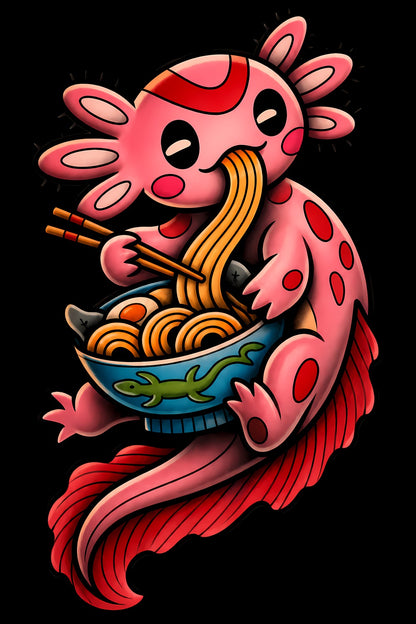 Axolotl Eating Ramen old school tattoo halftone DTF transfer artwork