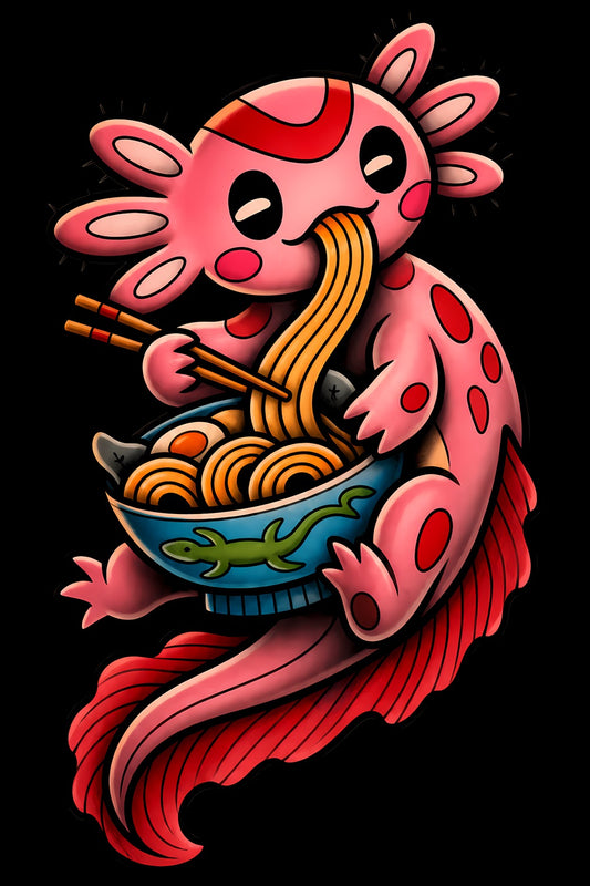 Axolotl Eating Ramen old school tattoo halftone DTF transfer artwork