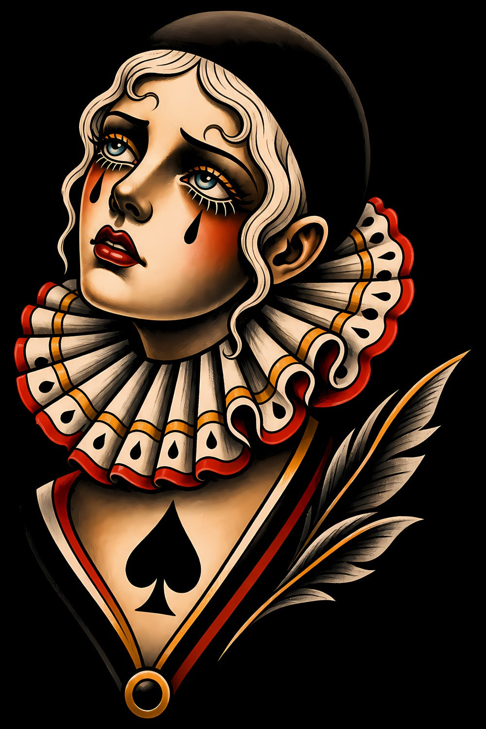 Tearful Pierrot Clown old school tattoo halftone DTF transfer artwork