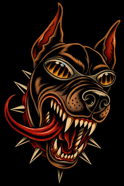 Wild-Eyed Doberman old school tattoo halftone DTF transfer artwork