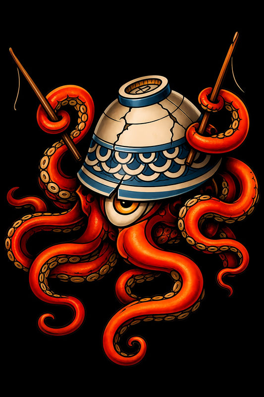 Octopus with Ramen Bowl old school tattoo halftone DTF transfer artwork