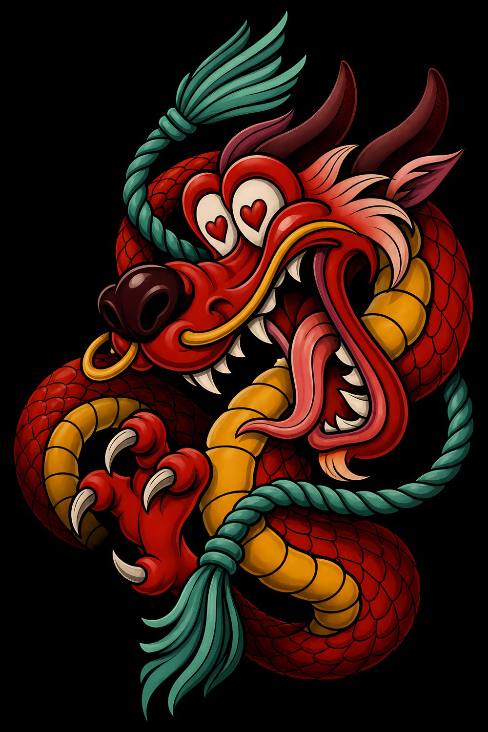 Laughing Red Dragon old school tattoo halftone DTF transfer artwork