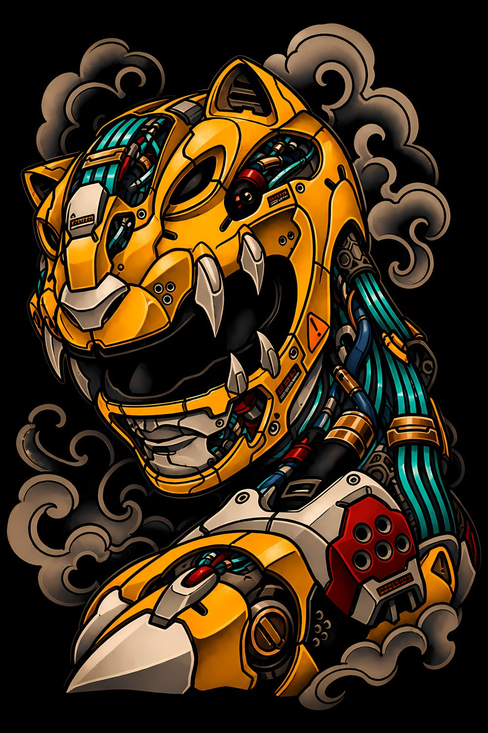 Cybernetic Sabre-Toothed Tiger old school tattoo halftone DTF transfer artwork