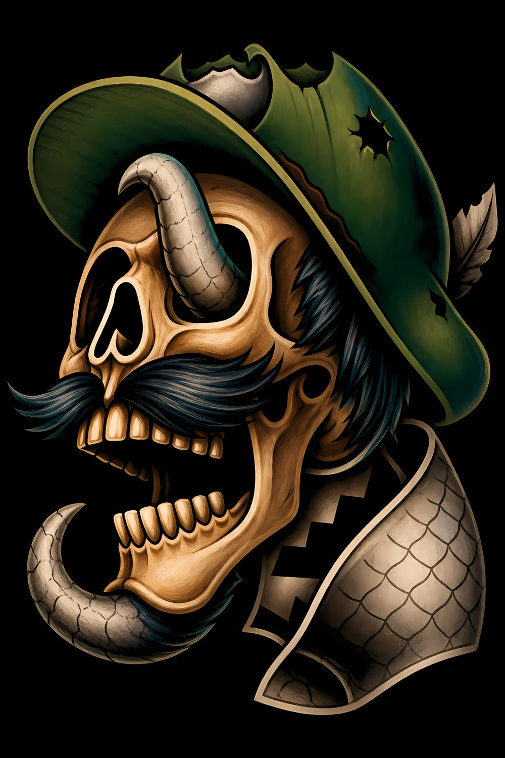 Horned Skull in Green Hat old school tattoo halftone DTF transfer artwork