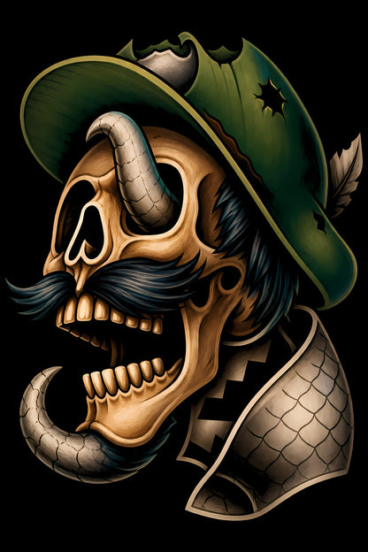 Horned Skull in Green Hat old school tattoo halftone DTF transfer artwork
