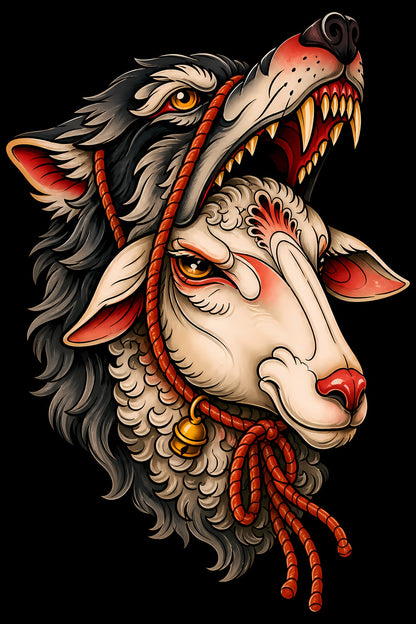 Sheep in Wolf's Clothing old school tattoo halftone DTF transfer artwork