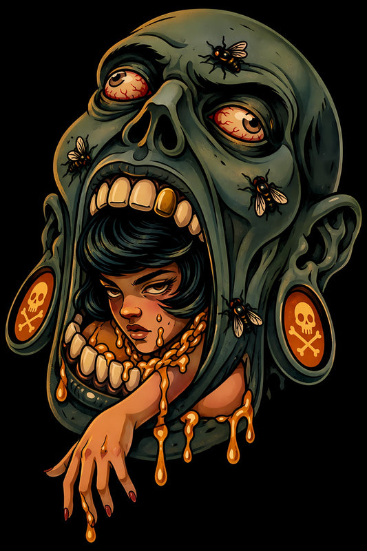Woman Inside Zombie Head old school tattoo halftone DTF transfer artwork